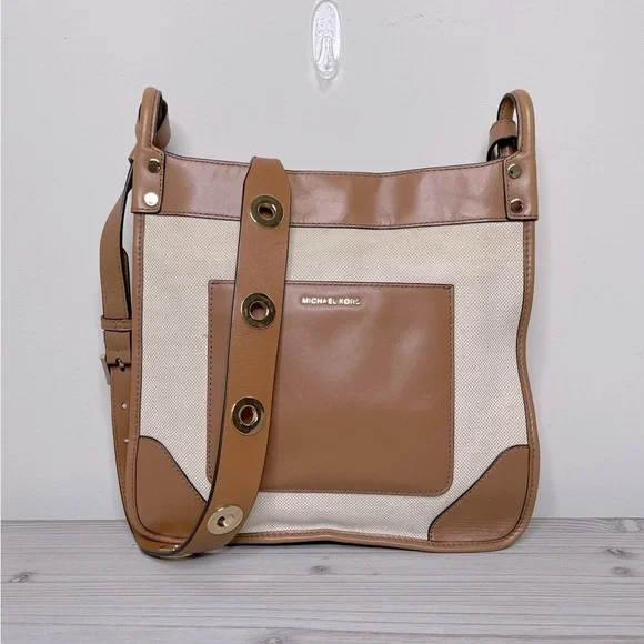 Michael Kors Sullivan Large Leather and Linen Messenger Bag travel office career - Picture 2 of 12